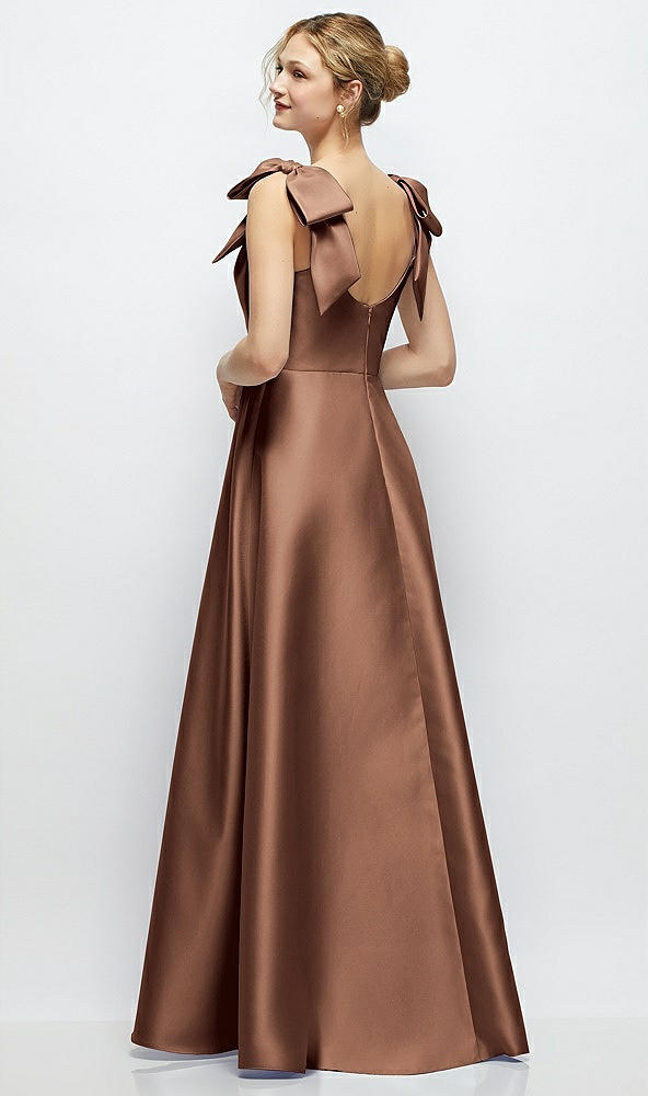 Back View - Cognac Deep V-Neck Satin Ball Gown with Shoulder Bows