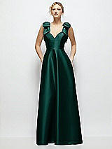 Front View Thumbnail - Evergreen Deep V-Neck Satin Ball Gown with Shoulder Bows