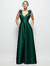 Front View Thumbnail - Hunter Green Deep V-Neck Satin Ball Gown with Shoulder Bows