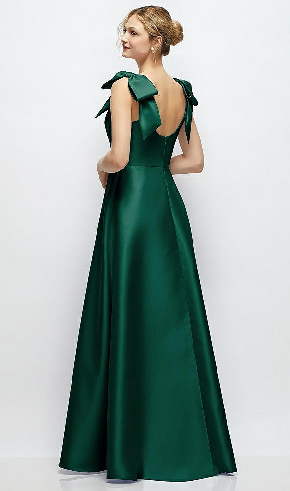 Back View - Hunter Green Deep V-Neck Satin Ball Gown with Shoulder Bows