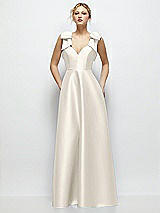 Front View Thumbnail - Ivory Deep V-Neck Satin Ball Gown with Shoulder Bows
