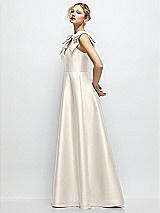 Side View Thumbnail - Ivory Deep V-Neck Satin Ball Gown with Shoulder Bows