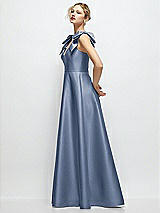 Side View Thumbnail - Larkspur Blue Deep V-Neck Satin Ball Gown with Shoulder Bows