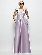 Front View Thumbnail - Lilac Haze Deep V-Neck Satin Ball Gown with Shoulder Bows