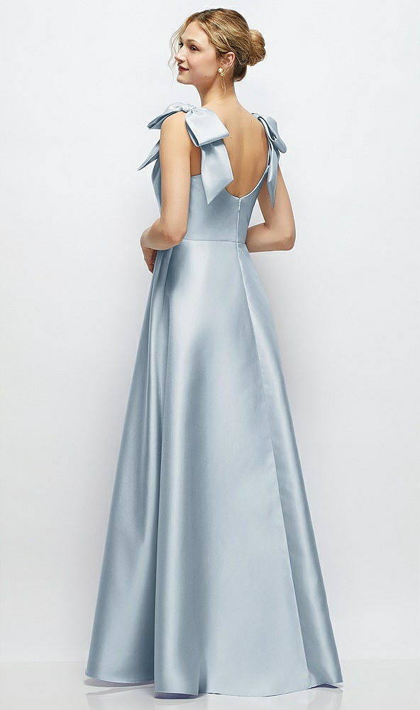 Back View - Mist Deep V-Neck Satin Ball Gown with Shoulder Bows