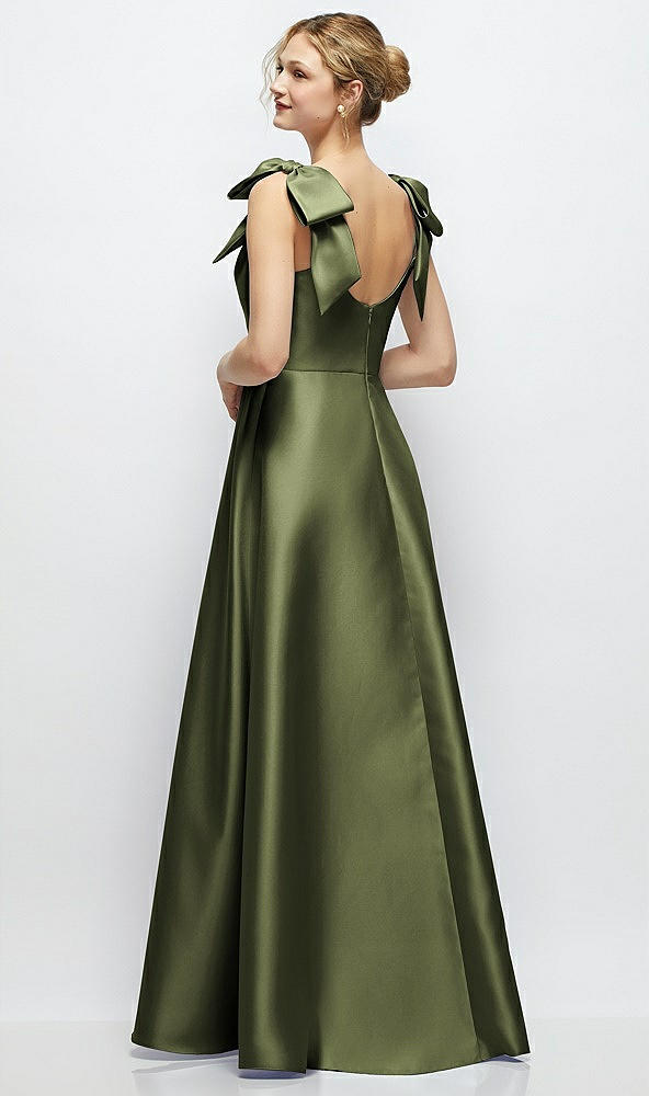 Back View - Olive Green Deep V-Neck Satin Ball Gown with Shoulder Bows