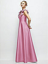 Side View Thumbnail - Powder Pink Deep V-Neck Satin Ball Gown with Shoulder Bows