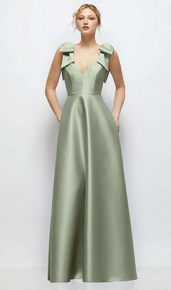 Front View - Sage Deep V-Neck Satin Ball Gown with Shoulder Bows