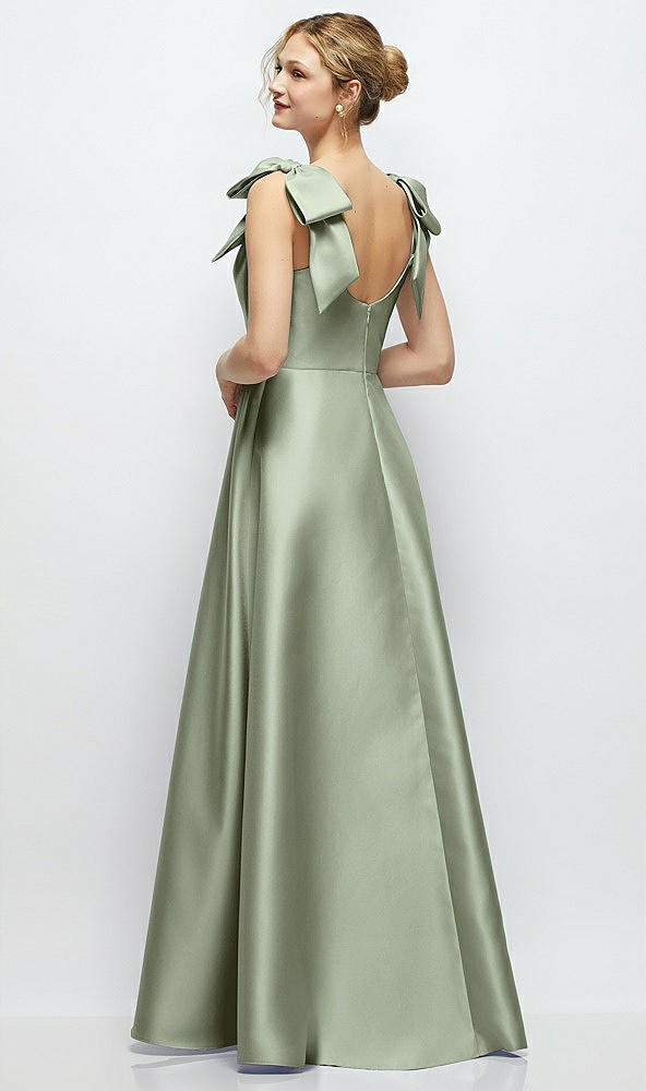 Back View - Sage Deep V-Neck Satin Ball Gown with Shoulder Bows