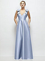 Front View Thumbnail - Sky Blue Deep V-Neck Satin Ball Gown with Shoulder Bows