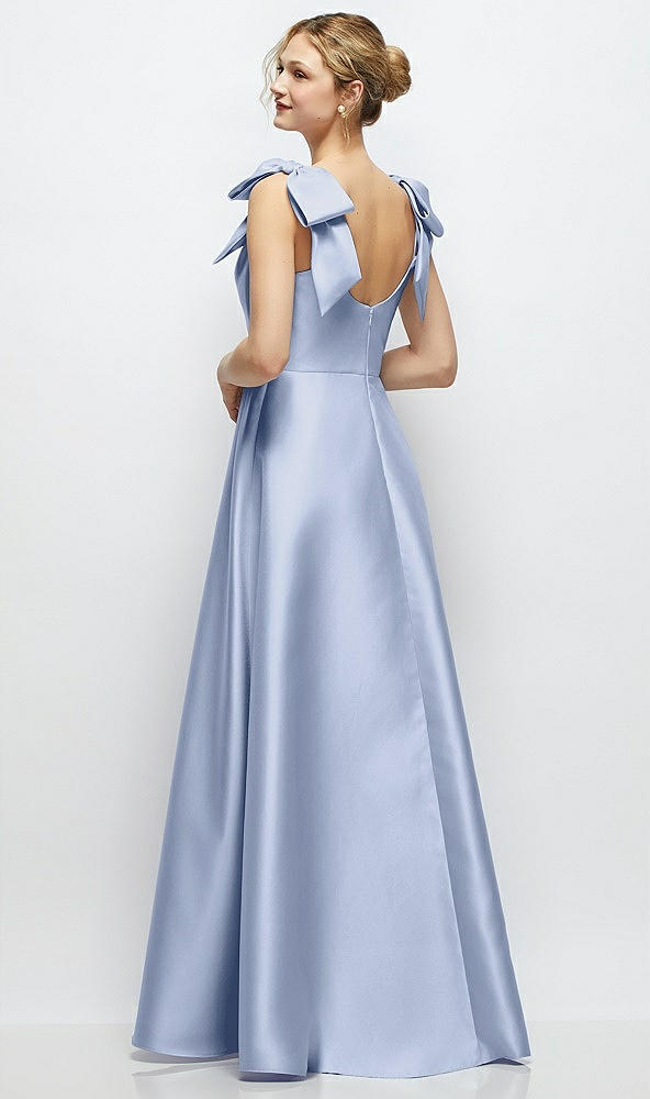 Back View - Sky Blue Deep V-Neck Satin Ball Gown with Shoulder Bows