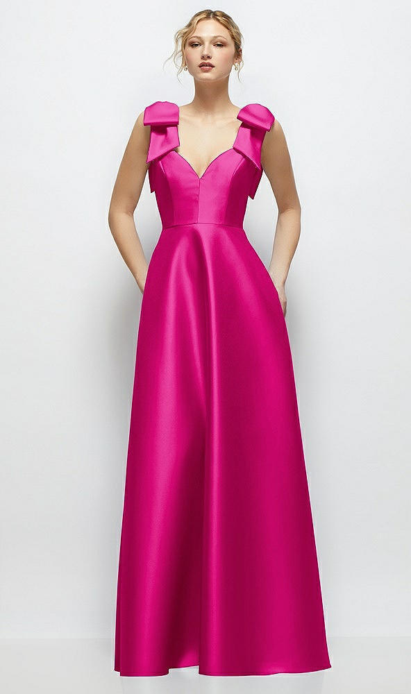 Front View - Think Pink Deep V-Neck Satin Ball Gown with Shoulder Bows
