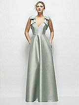 Front View Thumbnail - Willow Green Deep V-Neck Satin Ball Gown with Shoulder Bows