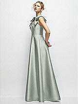 Side View Thumbnail - Willow Green Deep V-Neck Satin Ball Gown with Shoulder Bows