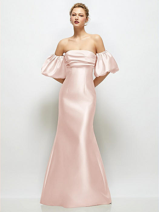Off-the-Shoulder Puff Sleeve Satin Maxi Dress with Flared Skirt