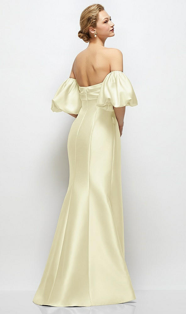 Back View - Butter Yellow Off-the-Shoulder Puff Sleeve Satin Maxi Dress with Flared Skirt