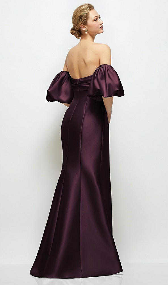 Back View - Deep Plum Off-the-Shoulder Puff Sleeve Satin Maxi Dress with Flared Skirt