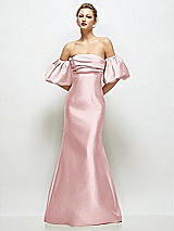 Front View Thumbnail - Ballet Pink Off-the-Shoulder Puff Sleeve Satin Maxi Dress with Flared Skirt