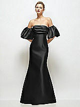 Front View Thumbnail - Black Off-the-Shoulder Puff Sleeve Satin Maxi Dress with Flared Skirt