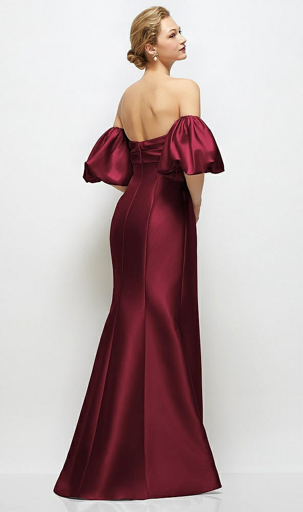 Back View - Cabernet Off-the-Shoulder Puff Sleeve Satin Maxi Dress with Flared Skirt