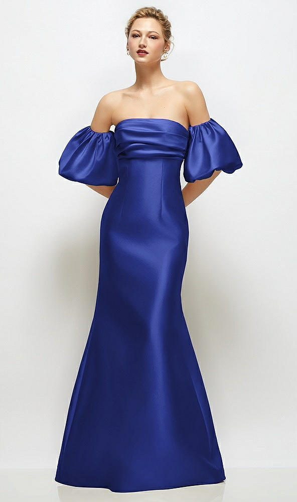 Front View - Cobalt Blue Off-the-Shoulder Puff Sleeve Satin Maxi Dress with Flared Skirt