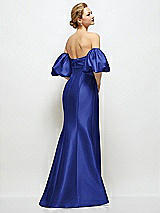 Rear View Thumbnail - Cobalt Blue Off-the-Shoulder Puff Sleeve Satin Maxi Dress with Flared Skirt