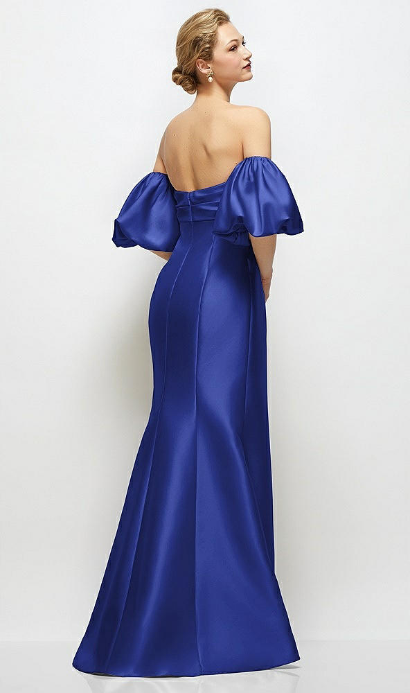 Back View - Cobalt Blue Off-the-Shoulder Puff Sleeve Satin Maxi Dress with Flared Skirt