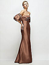Side View Thumbnail - Cognac Off-the-Shoulder Puff Sleeve Satin Maxi Dress with Flared Skirt