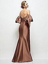 Rear View Thumbnail - Cognac Off-the-Shoulder Puff Sleeve Satin Maxi Dress with Flared Skirt
