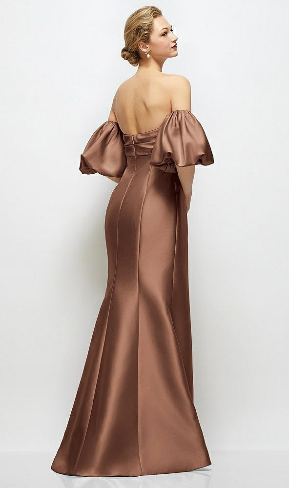 Back View - Cognac Off-the-Shoulder Puff Sleeve Satin Maxi Dress with Flared Skirt