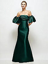 Front View Thumbnail - Evergreen Off-the-Shoulder Puff Sleeve Satin Maxi Dress with Flared Skirt