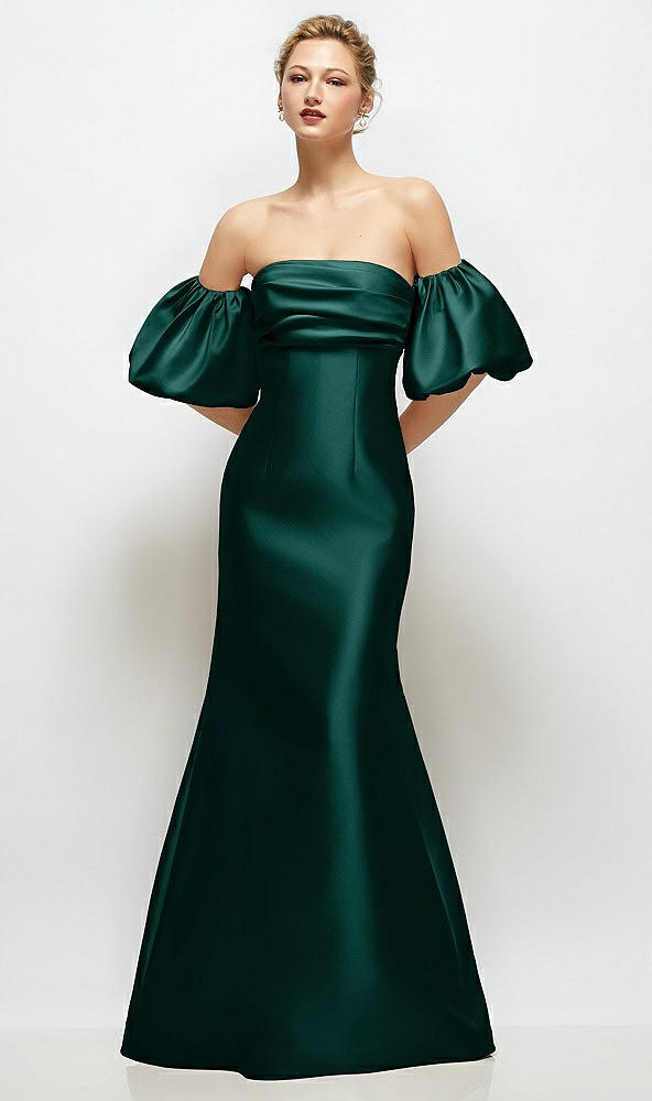 Front View - Evergreen Off-the-Shoulder Puff Sleeve Satin Maxi Dress with Flared Skirt