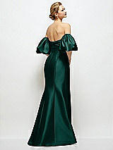 Rear View Thumbnail - Evergreen Off-the-Shoulder Puff Sleeve Satin Maxi Dress with Flared Skirt
