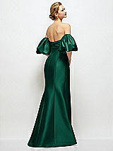 Rear View Thumbnail - Hunter Green Off-the-Shoulder Puff Sleeve Satin Maxi Dress with Flared Skirt