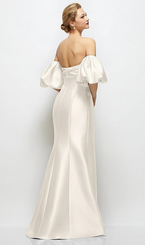 Back View - Ivory Off-the-Shoulder Puff Sleeve Satin Maxi Dress with Flared Skirt