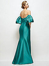 Rear View Thumbnail - Jade Off-the-Shoulder Puff Sleeve Satin Maxi Dress with Flared Skirt