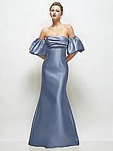 Front View Thumbnail - Larkspur Blue Off-the-Shoulder Puff Sleeve Satin Maxi Dress with Flared Skirt