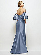 Rear View Thumbnail - Larkspur Blue Off-the-Shoulder Puff Sleeve Satin Maxi Dress with Flared Skirt