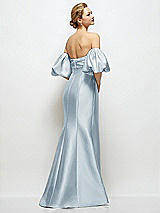 Rear View Thumbnail - Mist Off-the-Shoulder Puff Sleeve Satin Maxi Dress with Flared Skirt