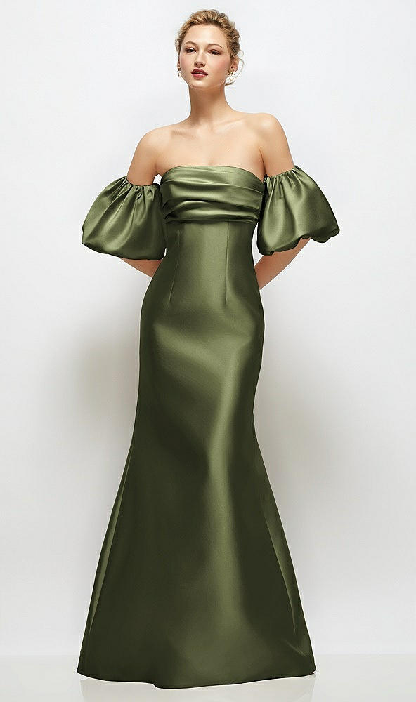 Front View - Olive Green Off-the-Shoulder Puff Sleeve Satin Maxi Dress with Flared Skirt