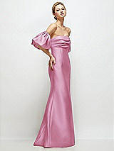 Side View Thumbnail - Powder Pink Off-the-Shoulder Puff Sleeve Satin Maxi Dress with Flared Skirt