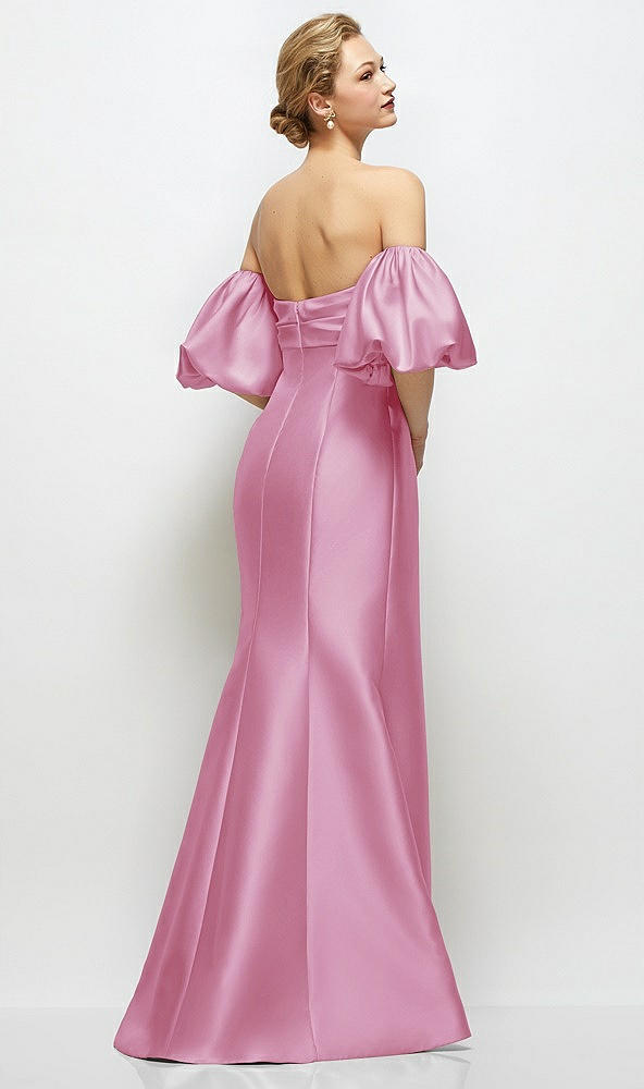 Back View - Powder Pink Off-the-Shoulder Puff Sleeve Satin Maxi Dress with Flared Skirt