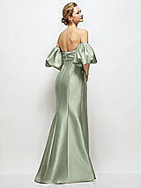 Rear View Thumbnail - Sage Off-the-Shoulder Puff Sleeve Satin Maxi Dress with Flared Skirt