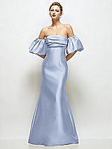 Front View Thumbnail - Sky Blue Off-the-Shoulder Puff Sleeve Satin Maxi Dress with Flared Skirt