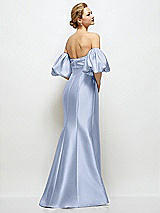 Rear View Thumbnail - Sky Blue Off-the-Shoulder Puff Sleeve Satin Maxi Dress with Flared Skirt