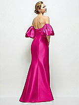 Rear View Thumbnail - Think Pink Off-the-Shoulder Puff Sleeve Satin Maxi Dress with Flared Skirt