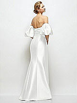 Rear View Thumbnail - White Off-the-Shoulder Puff Sleeve Satin Maxi Dress with Flared Skirt