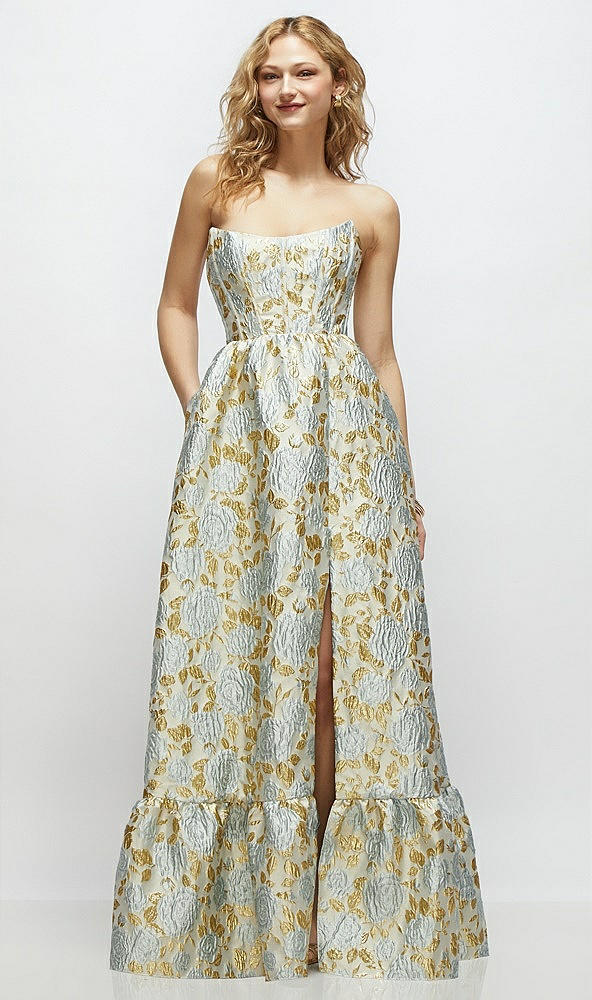 Front View - Winter Mist Strapless Cat-Eye Boned Bodice Gold Leaf Brocade Maxi Dress with Ruffle Hem