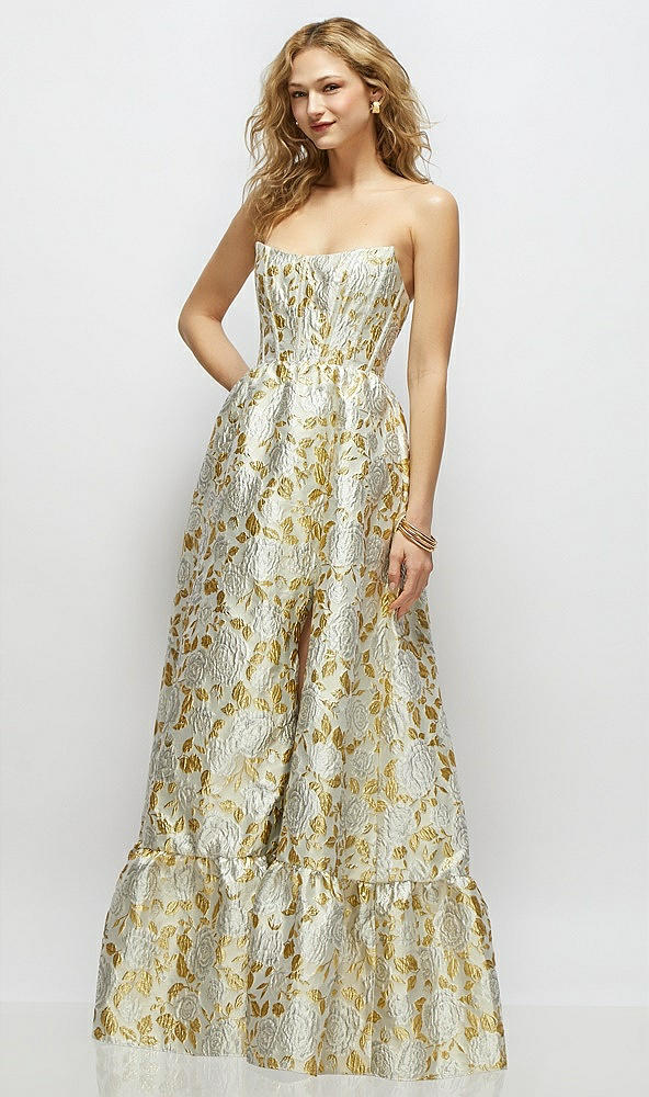 Front View - Winter Rose Strapless Cat-Eye Boned Bodice Gold Leaf Brocade Maxi Dress with Ruffle Hem