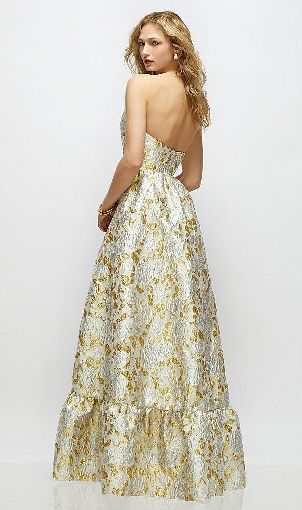 Back View - Winter Rose Strapless Cat-Eye Boned Bodice Gold Leaf Brocade Maxi Dress with Ruffle Hem